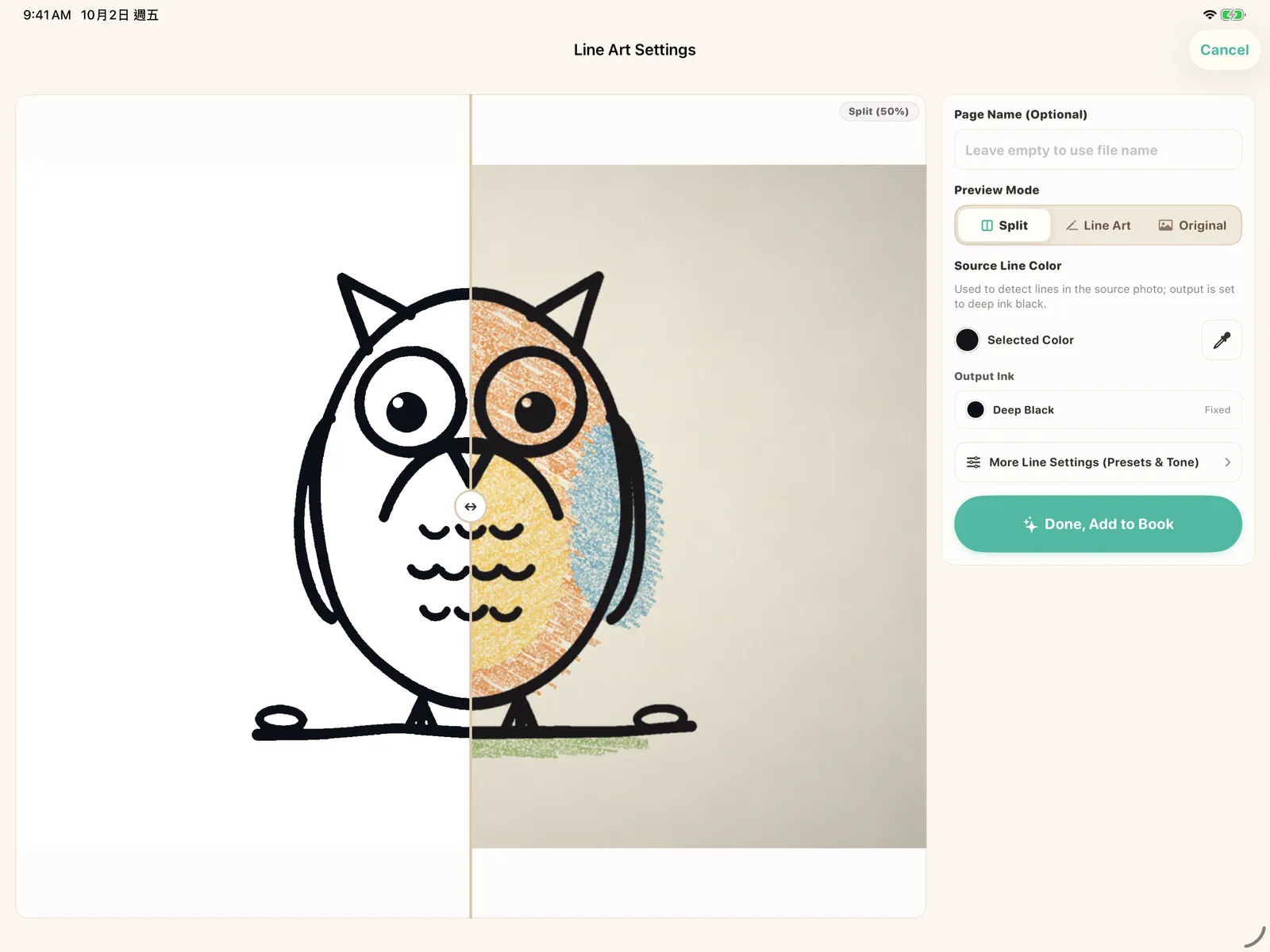 Import preview on iPad: a sample owl drawing, shown half as black line art and half as the source image