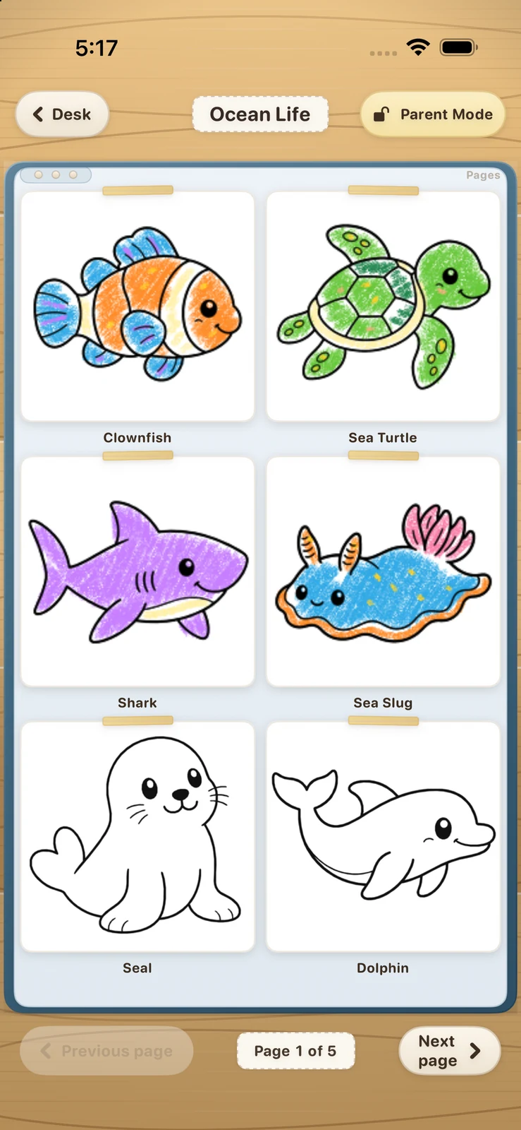 Coloring book pages on iPhone